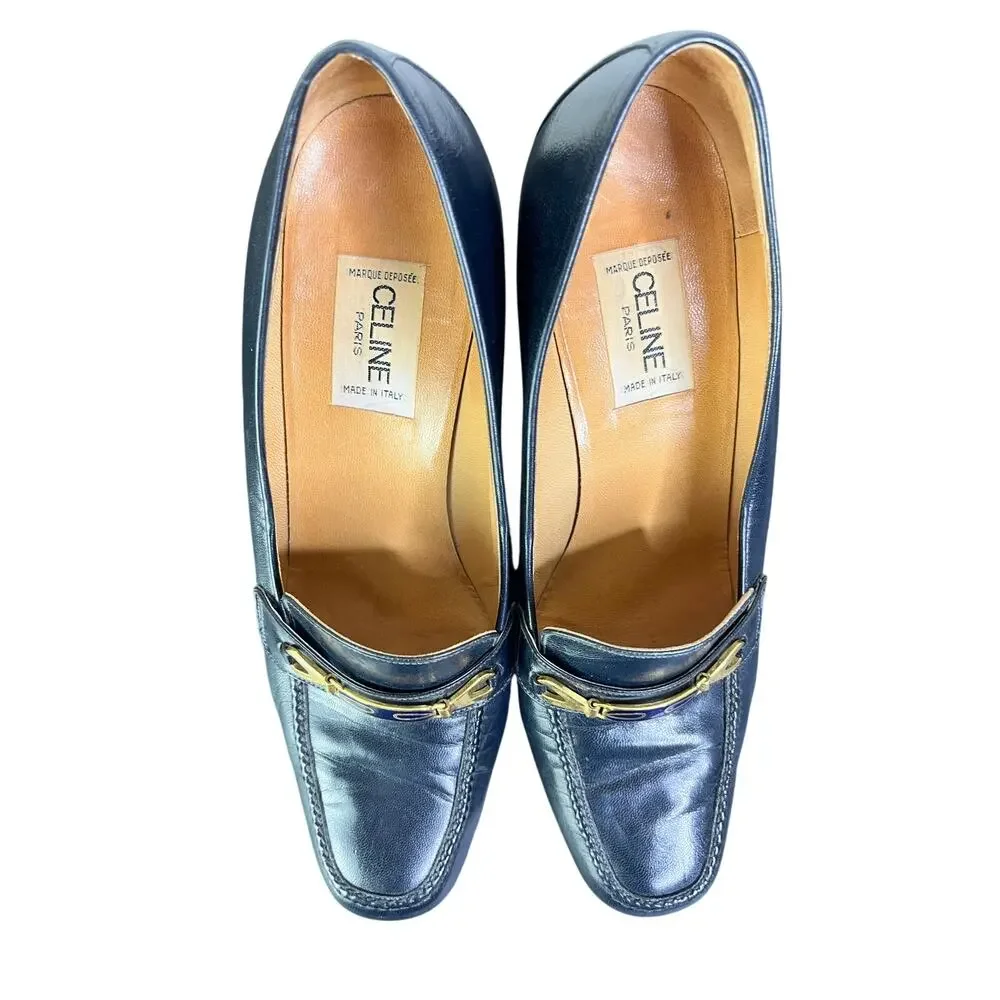 Celine Vintage Shoes Womens Sz 8 Blue‎ Leather Gold Trim Classic Old Money